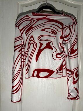 Red White Abstract Swirl Print Long Sleeve Crop Top Size L